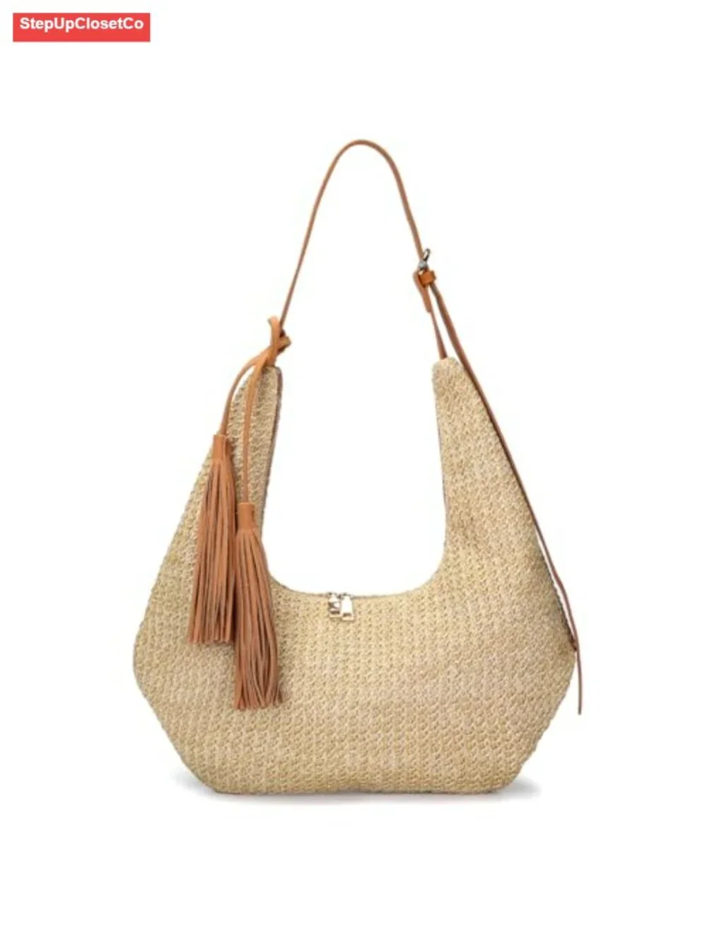 Handwoven Straw Fringe Hobo Shoulder Bag with Removable Tassel, Crossbody